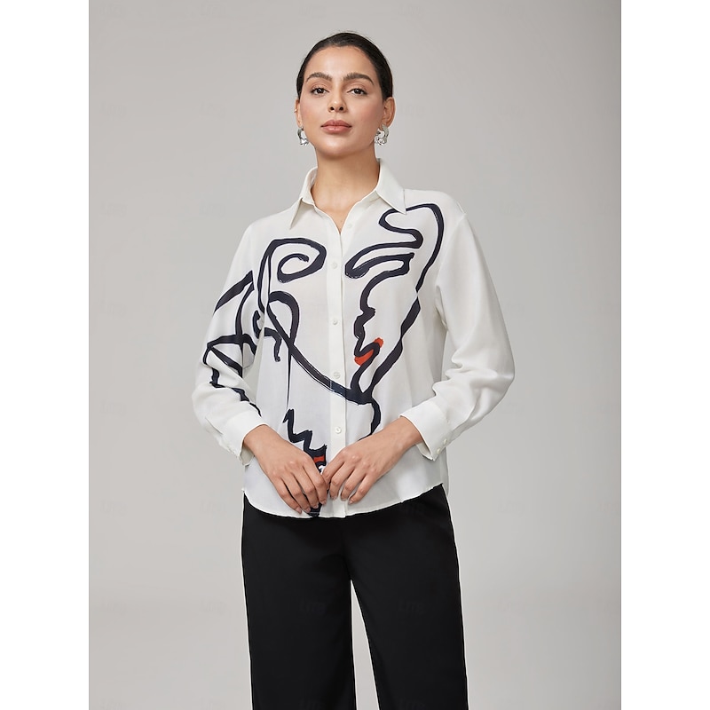 White Artistic Print Long-Sleeve Shirt