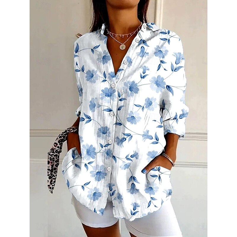 Women's Shirt Button Down Tunic Shirt Collar Long Sleeve Floral Graphic Vintage Daily Stylish Regular Tops Daily Holiday Vacation Wear s Print White Light Green Light Brown Blue Khaki