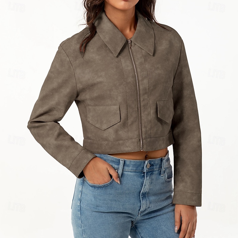 Women's Faux Leather Jacket Comfortable Full Zip Fashion Street Style Plain Outdoor Casual Daily Short Turndown Regular Fit Long Sleeve Outerwear Black Pink Camel Spring Fall4