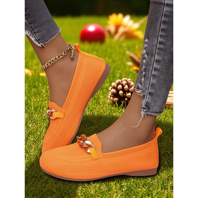 Women's Orange Wide Toe Flyknit Slip-On Loafers – Comfortable Breathable Casual Flats with Metal Chain Detail, Ideal for Shopping, Work and Garden Strolls3