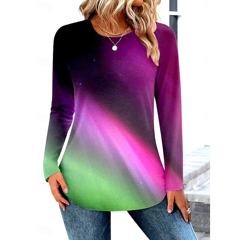 Women's T Shirt Ombre Graphic Vintage Stylish Classic Long Sleeve Crew Neck Round Neck Regular Tops Daily Weekend Print Purple Fuchsia Green Spring Fall Winter2