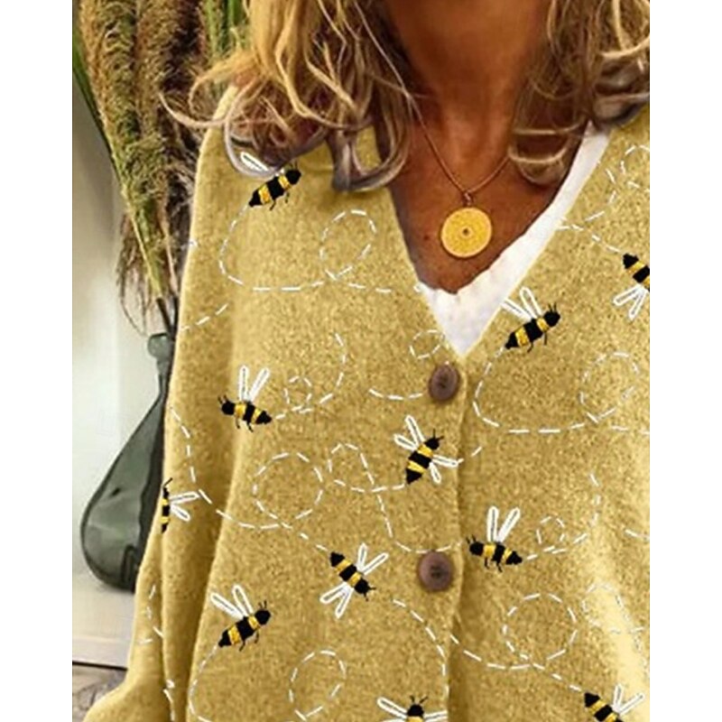 Women's Sweater Cardigan Fashion Streetwear Daily Animal Ribbed V Neck Knitted Print Long Sleeve Regular Tops Knit Holiday Going out Weekend Yellow Fall Winter2