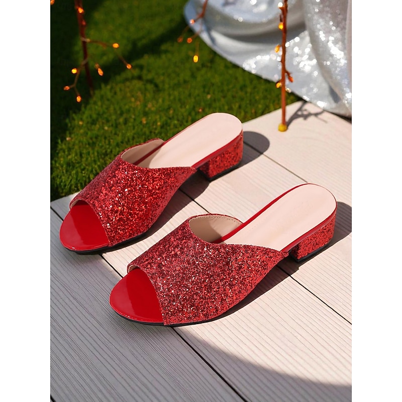 Women's Rose Gold Glitter Open Toe Mules with Ankle Strap - Elegant Block Heel Sandals for Nightlife Parties and Evening Events3