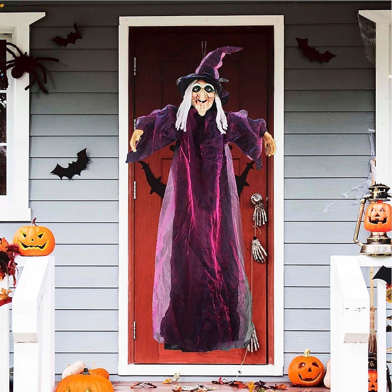 6 FT Flying Witch Halloween Decor Hanging Animated Witch Decoration with Light-Up Eyes and Sound Activation Function Scary Props House Decor for Outdoor/Indoor Garden Yard4