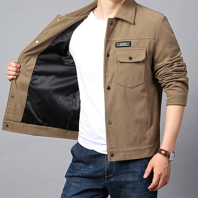 Men's Lightweight Jacket Corduroy Jacket Cargo Jacket Casual Jacket Vacation Daily Warm Pocket Spring Fall Plain Fashion Classic Lapel Regular Black Green Khaki Jacket4
