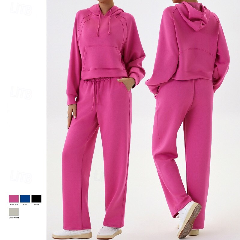 Women's Pullover Hoodie Sweatshirt Lounge Sweatsuit Sport Suit Fall Pocket Drawstring Solid Color Clothing Suit Black Blue Outdoor Running Yoga High Waist Windproof Lightweight Warm Long Sleeve Sport