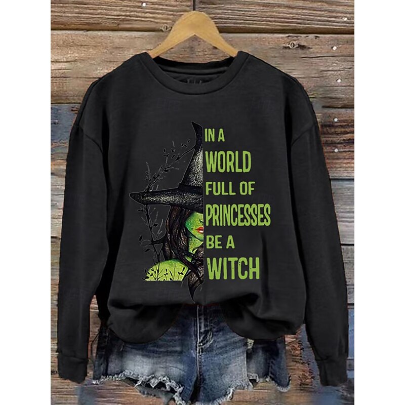 Halloween Women's Sweatshirts Witch Graphic Casual Long Sleeve Crew Neck Regular Tops Street Dailywear Casual Print Black White Green Spring Fall Winter3