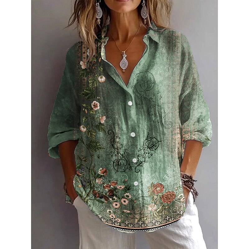 Women's Shirt Button Down Tunic Shirt Collar Long Sleeve Ombre Floral Graphic Vintage Daily Stylish V Neck Regular Tops Work Daily Holiday s Print Sage Green Blue Purple Spring Fall