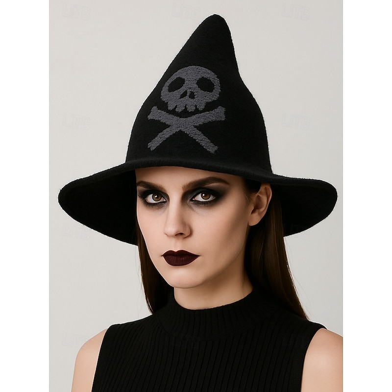 Women's Wool Blend Witch Hat with Skull Pattern – Gothic Halloween Pointed Brim Hat for Costume Parties and Cosplay