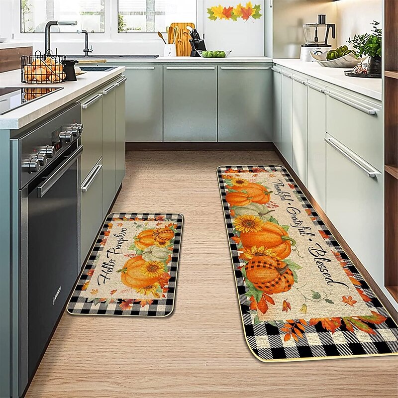 Fall Autumn Pumpkin Linen Mats Set - Absorbent, Oil-Resistant Kitchen & Entryway Door Mats, 2-Piece Set For Thanksgiving