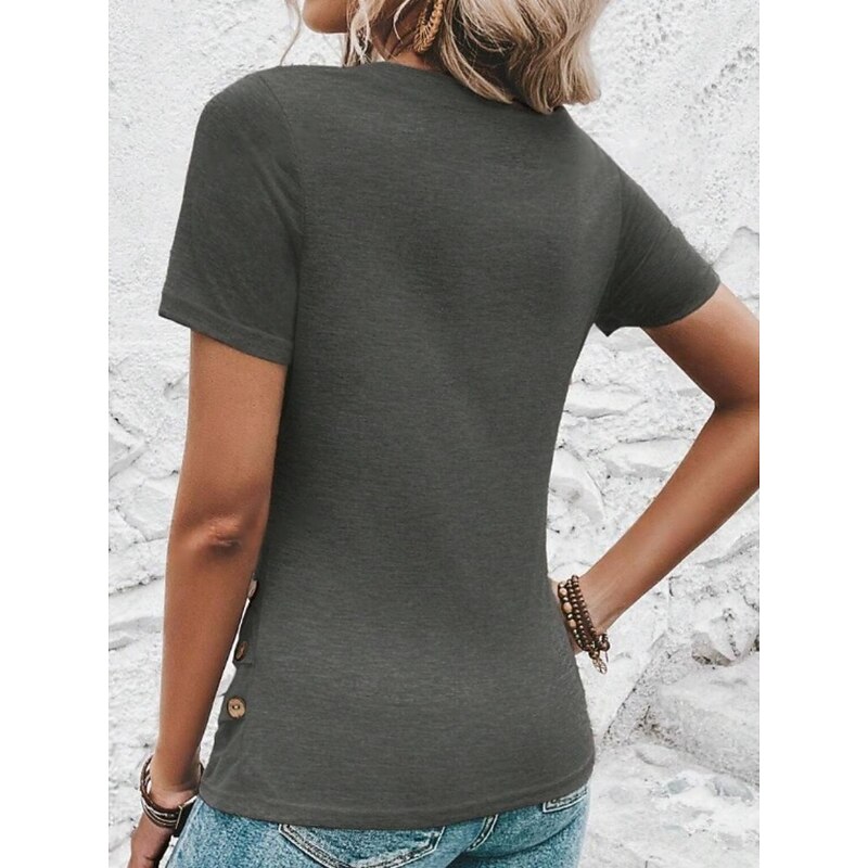 Women's Summer Tops Solid Color Stylish Casual Short Sleeve V Neck Regular Tops Daily Buttons Army Green Red Purple Fuchsia Gray Summer Spring2