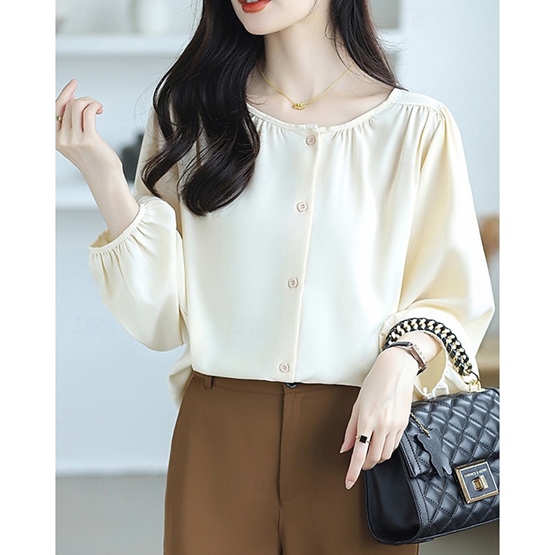 Women's Shirt Texture Blouse Plain Daily Stylish Basic Long Sleeve Crew Neck Regular Tops Work Daily Holiday Buttons Black White Beige Spring Fall2