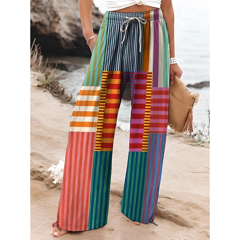 Women's Culottes Wide Leg Wide Leg Chinos Vacation Vintage Ethnic Style Full Length High Waist Graphic Gradient Striped Quick Dry Breathability Soft Inelastic Formal Outdoor Vacation Pinky Black Red