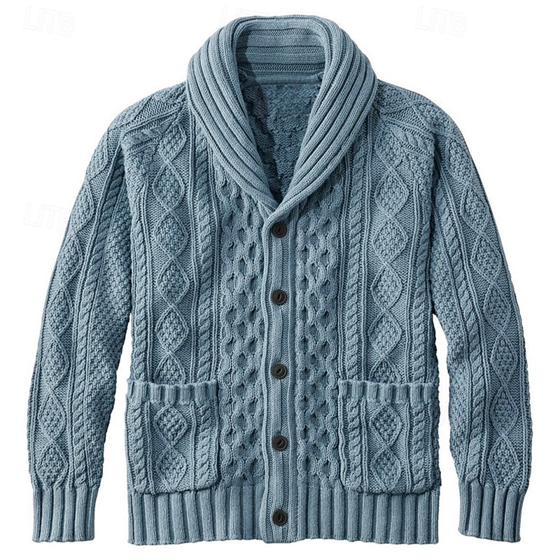 Men's Sweater Cardigan Sweater Cable Knit Regular Tops Button Up Plain Shawl Collar Vacation Fashion Casual Daily Wear Clothing Apparel Spring &  Fall Pink Pink S M L3