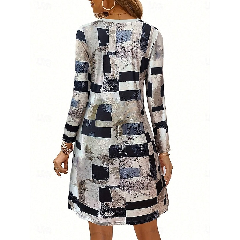 Women's Mini Dress Casual Dress Sundress A Line Dress Stylish Casual Regular Fit Graphic Geometric Long Sleeve V Neck Ice Blue Yellow Wine Dusty Blue Spring Fall2