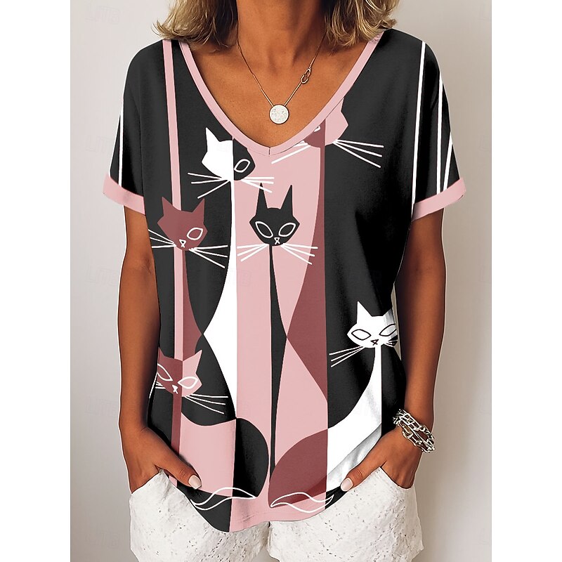 Halloween Women's T shirt Black Cat Graphic Animal Geometric Vintage Stylish Casual Short Sleeve V Neck Regular Tops Daily Weekend Vacation Wear Print Red Blue Green Gray Summer2