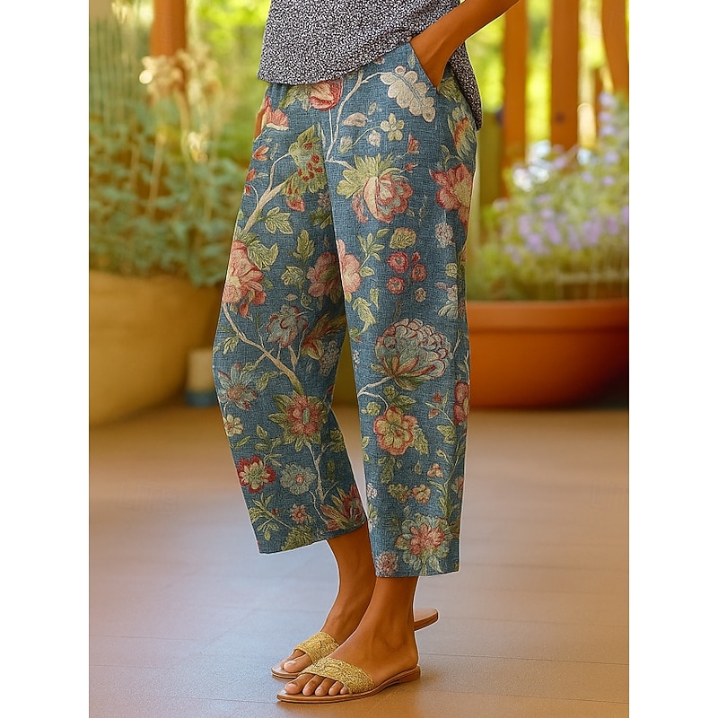 Women's Chinos Shorts Cropped Pants Elegant Vacation Vintage Ankle-Length High Waist Floral Graphic Striped Layered Inelastic Outdoor Street Daily Lake blue Blue Summer Spring Regular Fit