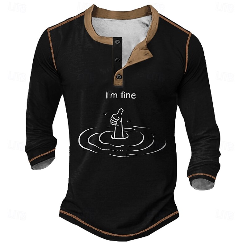 Men's Long Sleeve Henley Shirt with 'I'm Fine' Sinking Hand Graphic, Funny Ironic Lifestyle Tee3