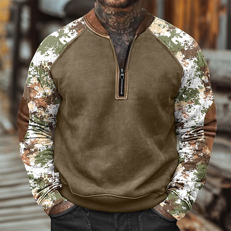 Men's Sweatshirt Quarter Zip Sweatshirt White Army Green Orange Brown Brown 2 Half Zip Color Block Camo / Camouflage Half Zip Print Casual Daily Holiday Polyester Vintage Streetwear Casual Fall Winter3