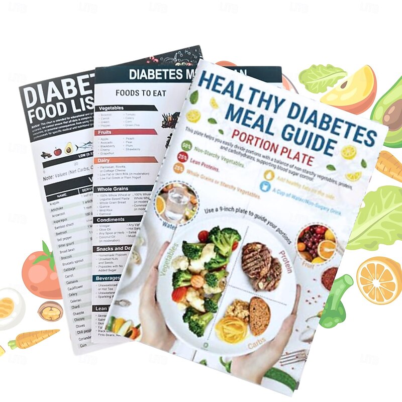 Diabetic Meal Planner 3-Piece Set Food Lists, Recipes, Charts, Guide for Blood Sugar Control