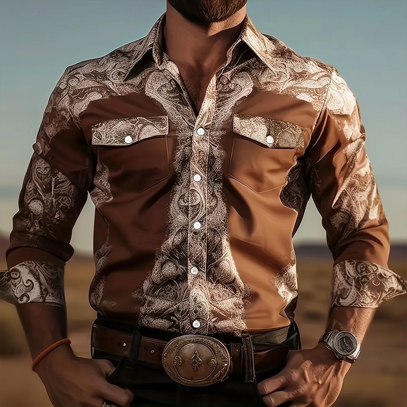 Men's Paisley Floral Print Flowers Western Shirt Button Up Shirt Cowboy Shirt Long Sleeve Western Vintage Retro Outdoor Casual Summer Spring Fall Turndown Collared Shirts Front Two Pockets Brown