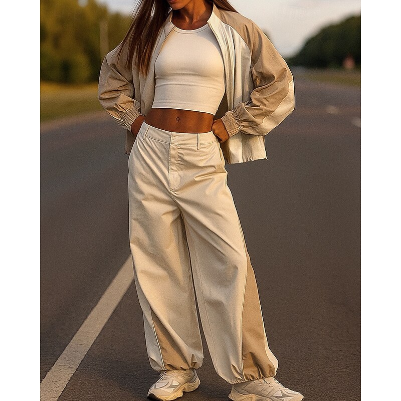 Women's Tracksuit Sweatpants Hooded Jacket Drawstring Hooded Color Block Clothing Suit Spring Black White Gym Training Running Windproof Long Sleeve Sport Activewear Micro-elastic Loose Fit3