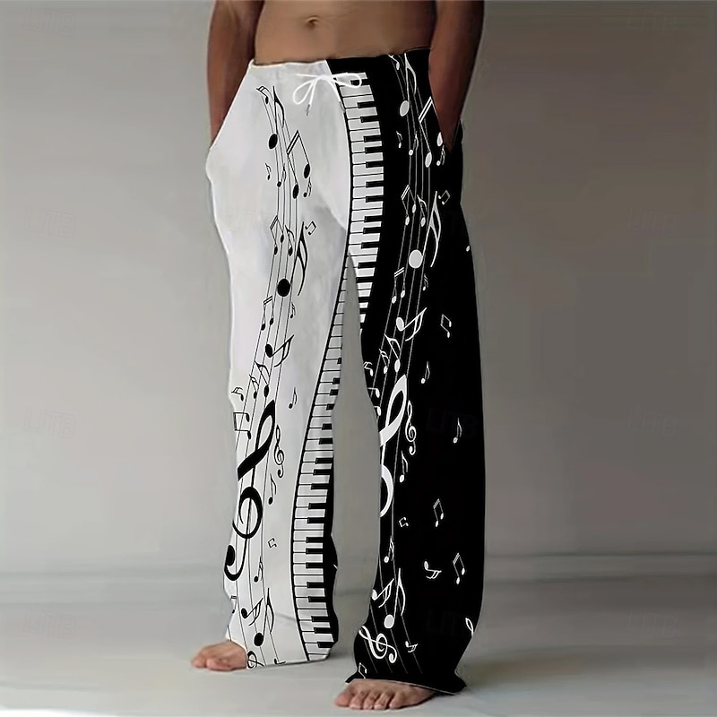 Men's Piano Musical Notes Trousers Baggy Pants Casual Pants Mid Waist Vintage Retro Vacation Holiday Elastic Drawstring Waist Linen-Like Pants with Pockets Summer Spring 3D Print Black Blue