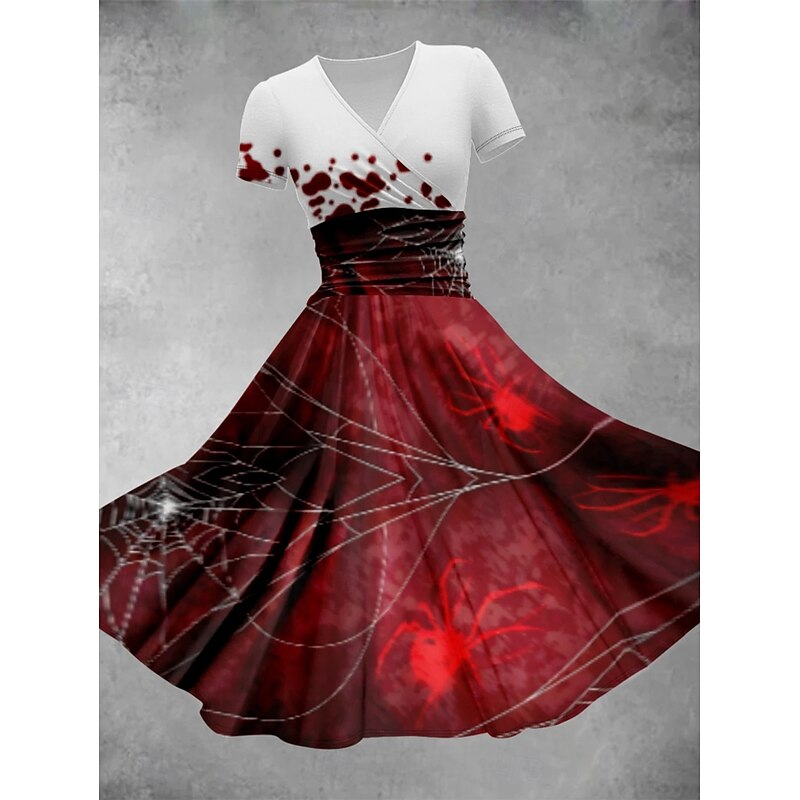 Halloween Women's Bloodstain Print Midi Dress Wrap Dress A Line Dress Dress Fit And Flare Dress Party Casual Daily Holiday Regular Fit Graphic Abstract Short Sleeve V Neck Red Beige Gray Fall
