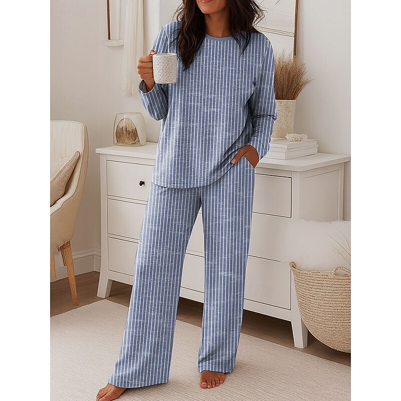 Women's Fashion T Shirt Pants Sets Long Sleeve Crew Neck Round Neck Graphic Striped Print Casual Daily Blue Purple Green Spring Regular Fit