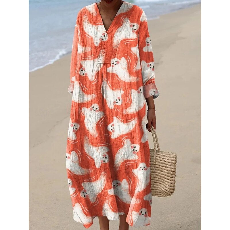 Halloween Women's Ghost Print Midi Dress V Neck Long Sleeve Kaftan Lightweight Loose Fit Casual Dress Shift Dress Casual Loose Fit Graphic Long Sleeve V Neck Black Yellow Pink Orange Fall