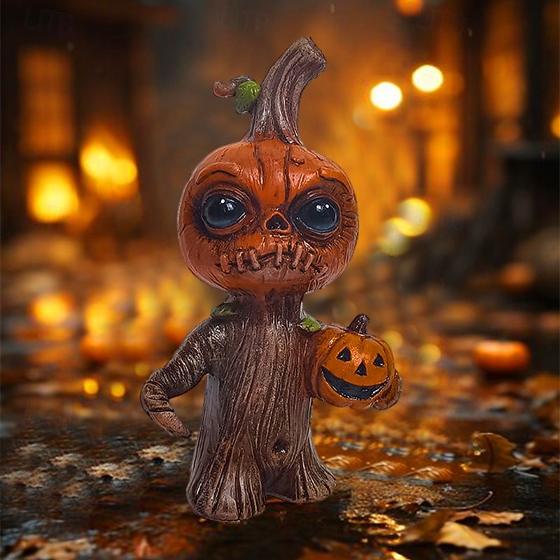 Halloween Pumpkin Elf Resin Figurine, Garden Gnome Style Halloween Decoration, Holiday Desktop Ornament for Yard, Patio, Table or Indoor Festive Display