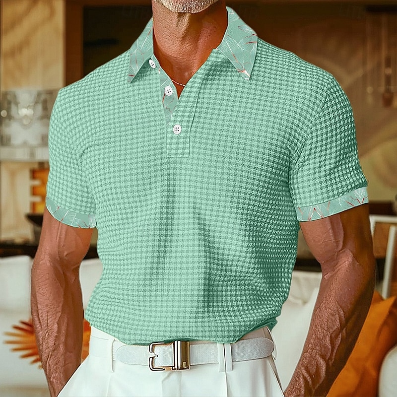 Men's Golf Shirt Waffle Knit Polo Shirt Business Casual Classic Short Sleeve Fashion Modern Solid Color Hawaii Buttons Summer Spring Regular Fit Black White Green Khaki Golf Shirt2