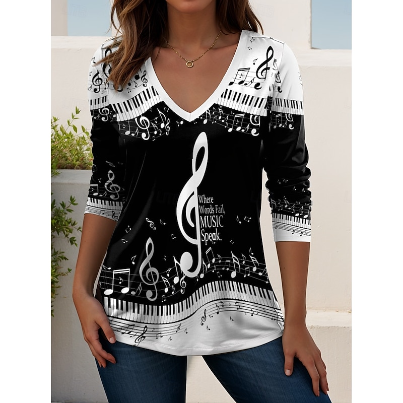 Music Festival Women's T shirt Long Sleeve V Neck Long Sleeve Tunic Graphic Music Vintage Stylish Classic Regular Tops Daily Going out Weekend Print Black and White Black White Spring Fall Prefall