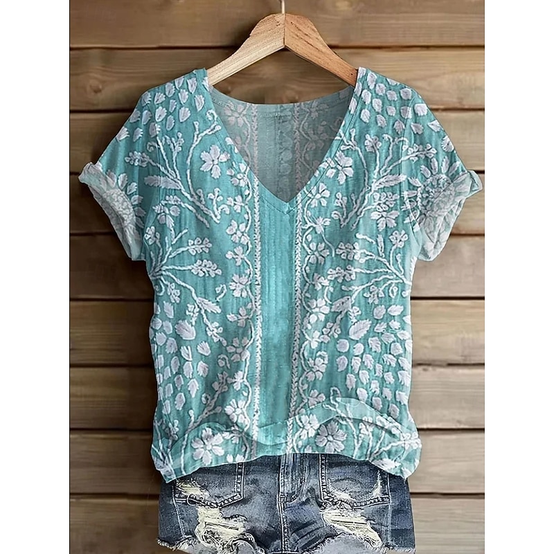 Women's T Shirt Floral Graphic Plants Vintage Fashion Hawaiian Short Sleeve V Neck Regular Tops Daily Going out Weekend Print White Yellow Pink Blue Sky Blue Summer Spring4