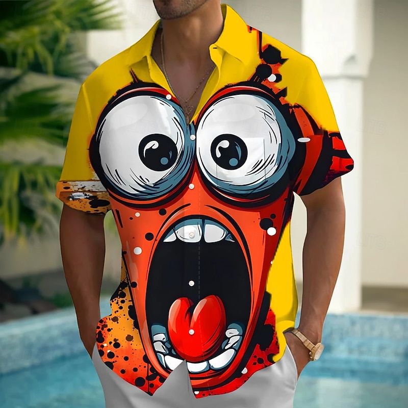 Men's Cartoon Funny Big Eyes Shirt Summer Shirt Button Up Shirt Short Sleeve Fashion Casual Outdoor Vacation Dailywear Summer Spring Turndown 3D Print Collared Shirts Front One Pocket Yellow