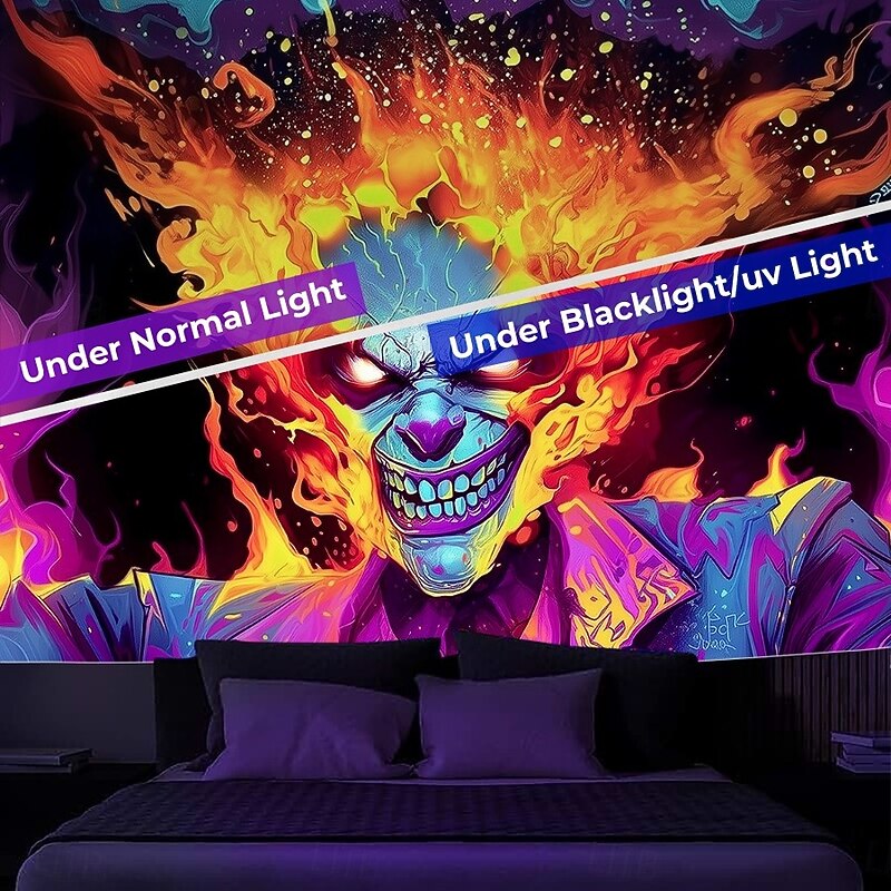 Halloween Blacklight Wall Tapestry – UV Reactive Evil Clown with Fiery Hair Explosion, Neon Colors Scary Gothic Horror Scene, Glow in the Dark Wall Hanging for 2025 Halloween Party Decoration3