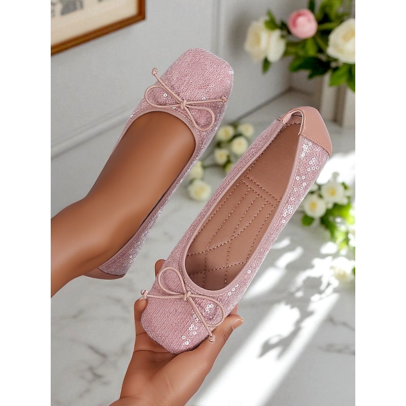 Women's Pink Sequin Ballet Flats – Square Toe Slip-On Shoes with Bow Detail, Soft Fabric Upper, Cute and Comfortable for Teen Girls and Daily Casual Wear