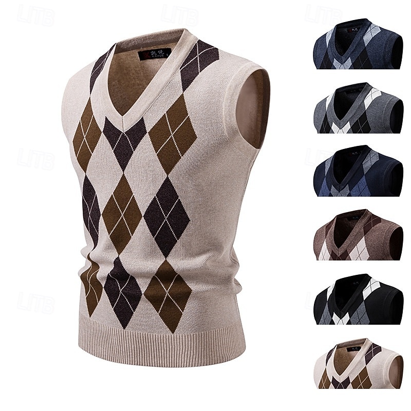 Men's Sweater Sweater Vest Pullover Sweater Jumper Ribbed Knit Regular Tops Knitted Slim Fit Argyle V Neck Knitwear Vintage Casual Daily Wear Clothing Apparel Fall Black Navy Blue M L XL