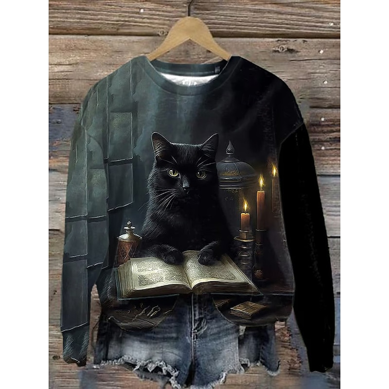 Halloween Women's Pullover Sweatshirt Black Cat Graphic Cat Fashion Casual Long Sleeve Crew Neck Regular Tops Street Dailywear Casual Print Yellow Green Fall Winter