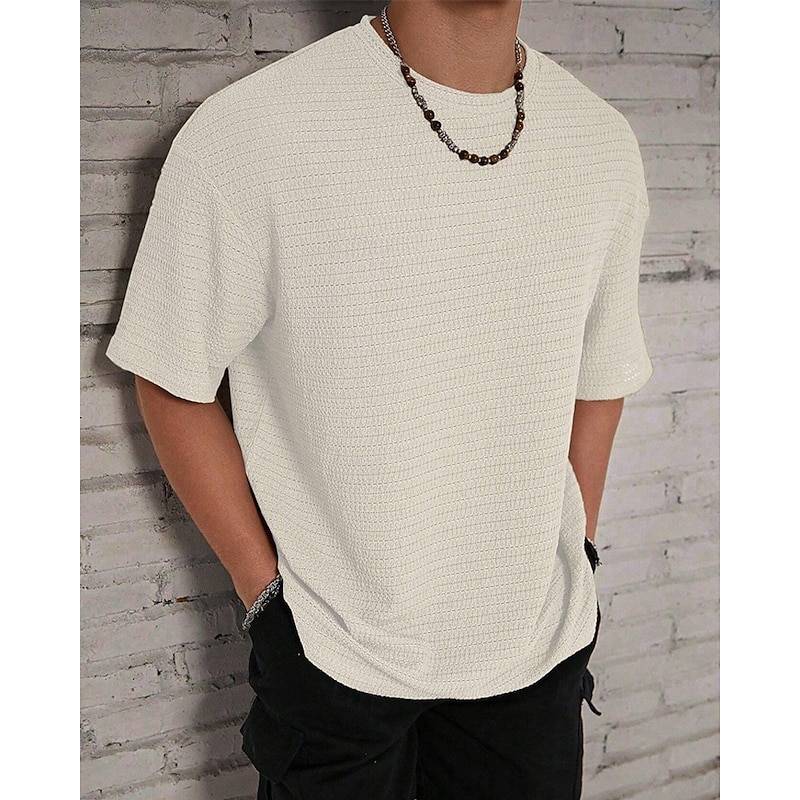 Men's T Shirt Tee Short Sleeve Shirt Tee Top Short Sleeve Crew Neck Summer Plain Fashion Designer Basic Jacquard Vacation Street Going out Black White Khaki Top Tee for Men