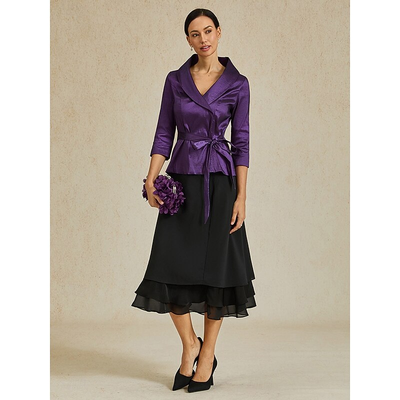 Women's Blouse Evening Tops Solid Color Plain Elegant Metallic Stylish 3/4 Length Sleeve V Neck Regular Tops Wedding Guest Evening Party Semi Formal Tie Front Eggplant Spring, Fall, Winter, Summer4