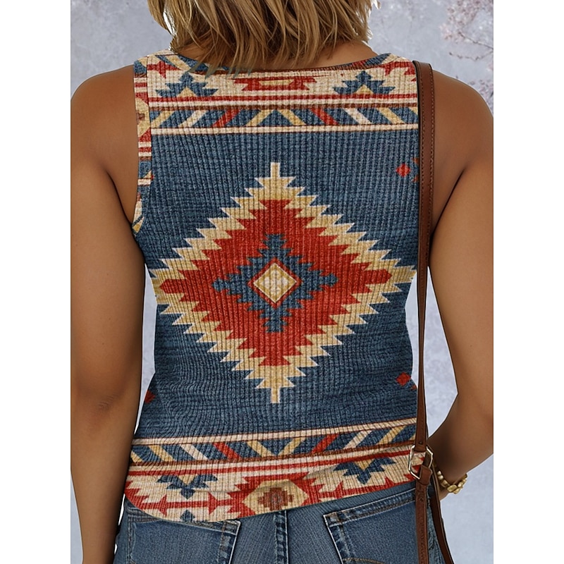 Women's Camisole Tank Top Graphic Geometric Vintage Stylish Ethnic Sleeveless V Neck Regular Tops Daily Print Red Blue Dusty Blue Summer Spring2