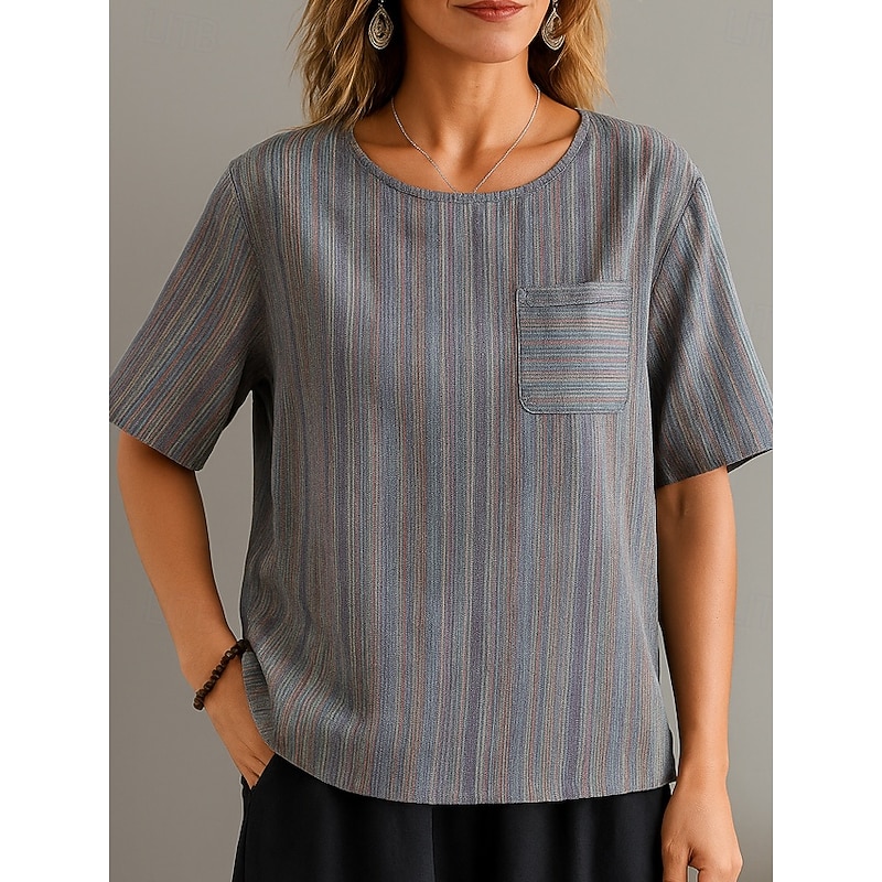 Women's Blouse Striped Stylish Casual Half Sleeve Crew Neck Regular Tops Daily Print Blue Green Khaki Summer Spring Fall3