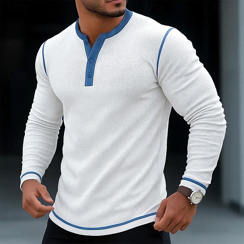 Men's T Shirt Henley Shirt Waffle Knit Tee Tee Top Long Sleeve Shirt Long Sleeve Color Block Solid Fashion Designer Basic Patchwork Henley Vacation Street Casual Spring &  Fall All Seasons Black