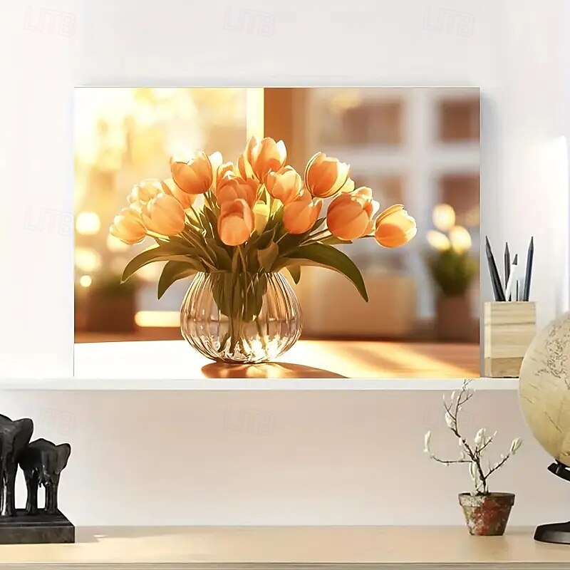 Large Frameless Modern Canvas Art - Vibrant Tulip Vase Paintings For Living Room And Bedroom Decoration Warm Golden Tones Glass Vases With Flowers Modern Wall Art In Neutral Spaces Bedroom Wall Ar2