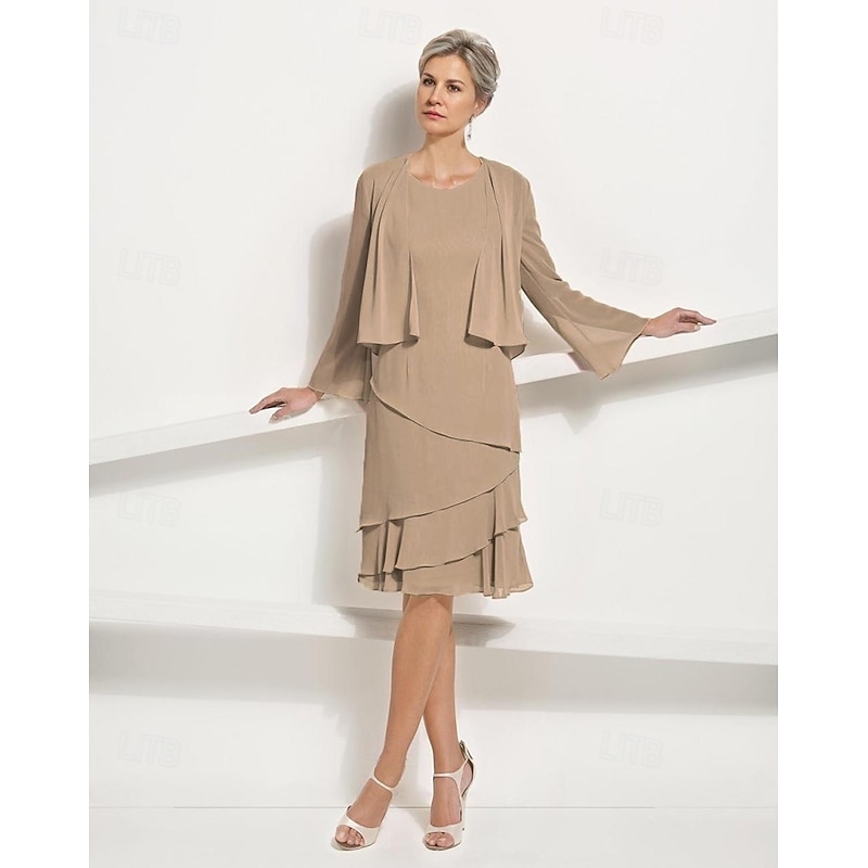 Two Piece Jacket Dress A-Line Mother of the Bride Dress Elegant Simple Luxurious Scoop Neck Knee Length Chiffon Sleeveless Long Sleeve with Cascading Ruffles4