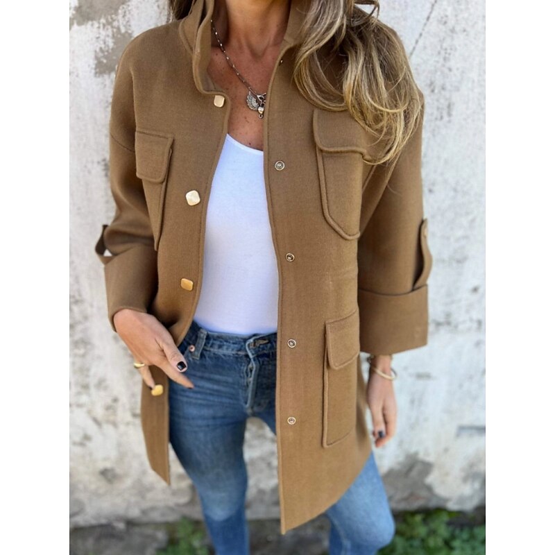 Women's Coat Comfortable Breathable Pocket Fashion Daily Plain Outdoor Casual Daily Single Breasted Regular Turndown Regular Fit Long Sleeve Outerwear Black Brown Khaki Spring Fall2