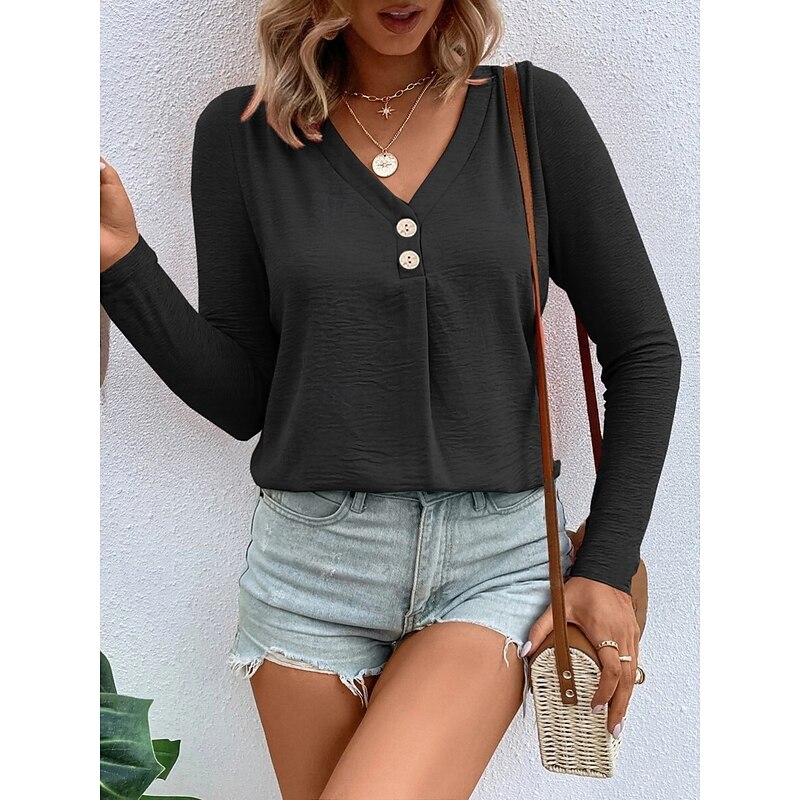 Women's Blouse Solid Color Stylish Casual Long Sleeve V Neck Regular Tops Daily Buttons Black White Navy Blue Green Summer Spring Fall2