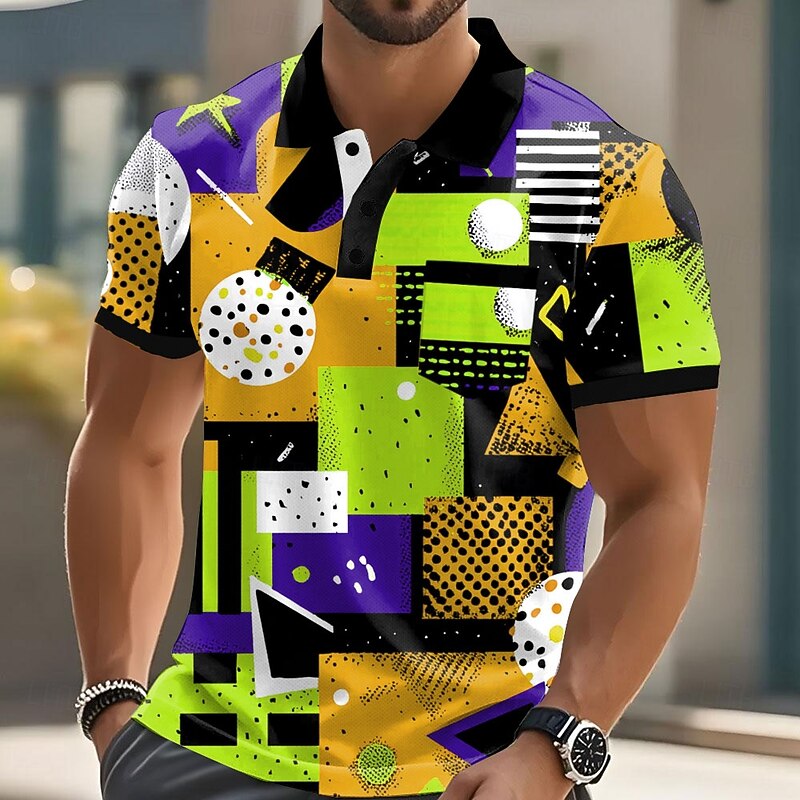 Men's Geometric Pattern Polo Short Sleeve Polo Shirts Collared Shirts Casual Outdoor Athleisure Daily Wear Pocket 3D Print Buttons Summer Red Blue Green3