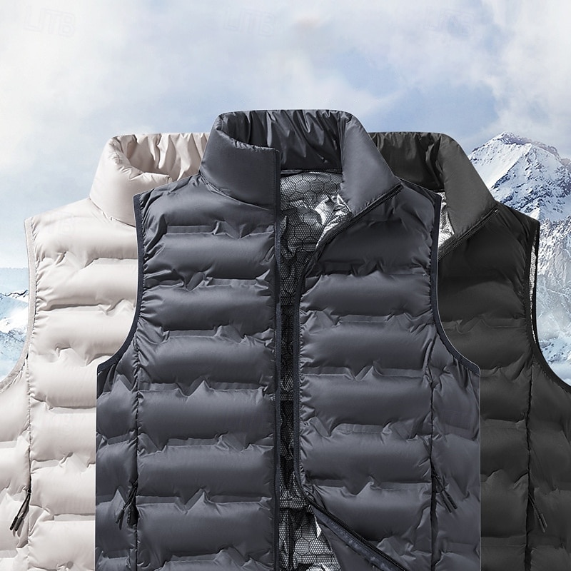 Men's Hiking Vest Winter Vest Puffer Vest Sleeveless Vest Outdoor Thermal Warm Winter Zipper Polyester Black Khaki Dark Blue Hunting Fishing Climbing